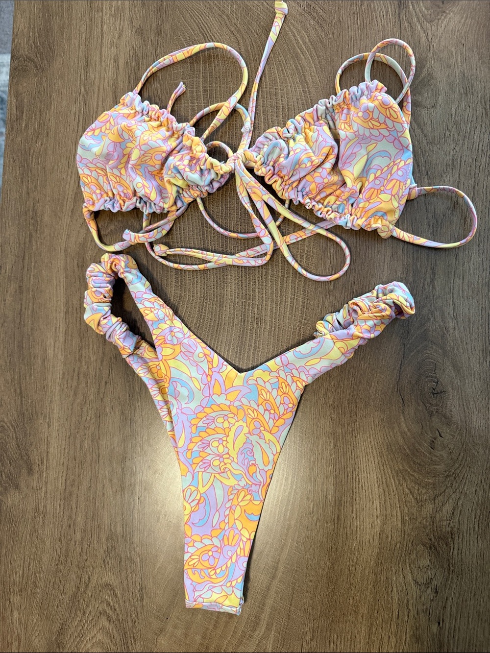 Kulani Kinis Pastel Yellow Lavender Orange Paisley Ruching Bikini